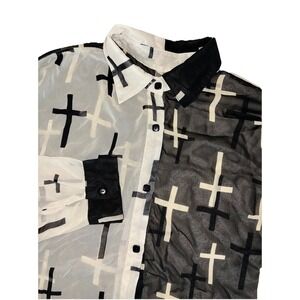 Mona B Blouse Women's S Black/Beige Color Block Crosses High Low Sheer Vtg Y2K